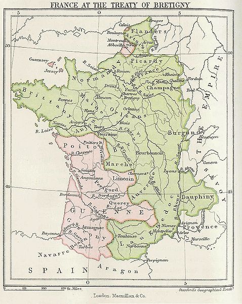 Mapo de Francio post la traktato de Brétigny en 1360